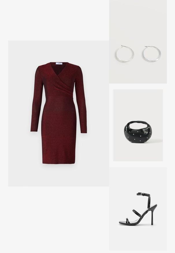 Robe à manches longues de couleur rouge profond avec un tissu scintillant. Présente un design enveloppant avec une silhouette cintrée et un décolleté en V.; Sandales à talons hauts en cuir verni noir avec trois sangles horizontales et une sangle de cheville ajustable. Silhouette élégante et finition brillante.; Sac à main en cuir noir de forme arrondie, décoré de clous argentés et équipé d'une poignée courte. Texture lisse et fermeture éclair.; Boucles d’oreilles créoles en métal argenté avec une surface lisse légèrement incurvée et des fermoirs à clapet sur un fond blanc uni.