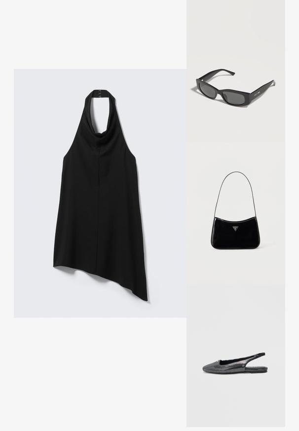 Haut noir asymétrique à col montant avec fermeture à agrafes dans le dos, tombant plus long d'un côté.; Chaussures plates à bride arrière en noir et argent, avec une tige texturée et à motifs ornée de strass, et un design à bout pointu.; Lunettes de soleil rectangulaires noires avec des verres foncés et des montures épaisses, inclinées pour montrer la branche gauche avec un logo blanc « Jimmy Choo ».; Sac à bandoulière en cuir verni noir avec une sangle fine, logo triangulaire Guess sur le devant et une fermeture éclair supérieure.