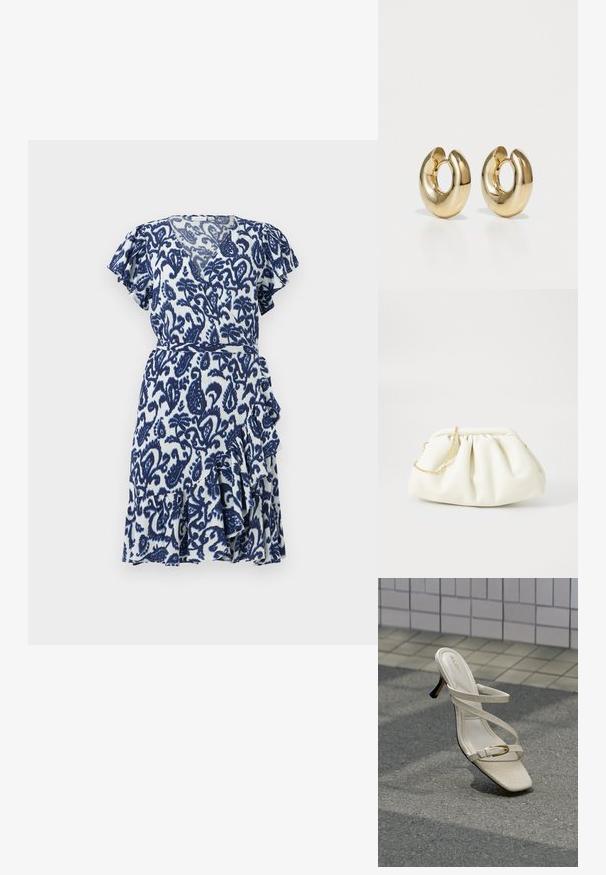Kurzes blau-weißes Wickelkleid mit Flatterärmeln, das ein Paisleymuster, einen rüschenden Saum und einen Gürtel in der Taille aufweist. Leichter Stoff.; Beige High-Heel-Sandale mit dünnen Riemchen und kleiner goldener Schnalle, präsentiert auf strukturiertem Pflaster vor einem gefliesten Wandhintergrund.; Weiße Lederhandtasche mit einem gerafften Design, ausgestattet mit einem goldenen Kettenriemen und einer runden Form. Glatte Textur mit sanften Falten und ohne Muster.; Goldfarbene Creolen mit einer glatten, polierten Oberfläche. Kreisförmige Form mit einer Lücke, die ein modernes Design hervorhebt.