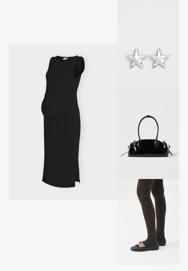 Robe midi noire sans manches en côte avec fente latérale, conçue pour la maternité avec une silhouette ajustée et un col rond.; Jambes portant des leggings côtelés foncés associés à des ballerines noires avec de petits détails en nœud sur fond blanc.; Petit sac à main noir brillant avec deux longues anses et des détails à cordon sur les côtés sur un fond clair uni.; Boucles d'oreilles argentées en forme d'étoile, avec une surface lisse et brillante. Chaque boucle d'oreille possède cinq pointes et des détails subtils de texture de surface.