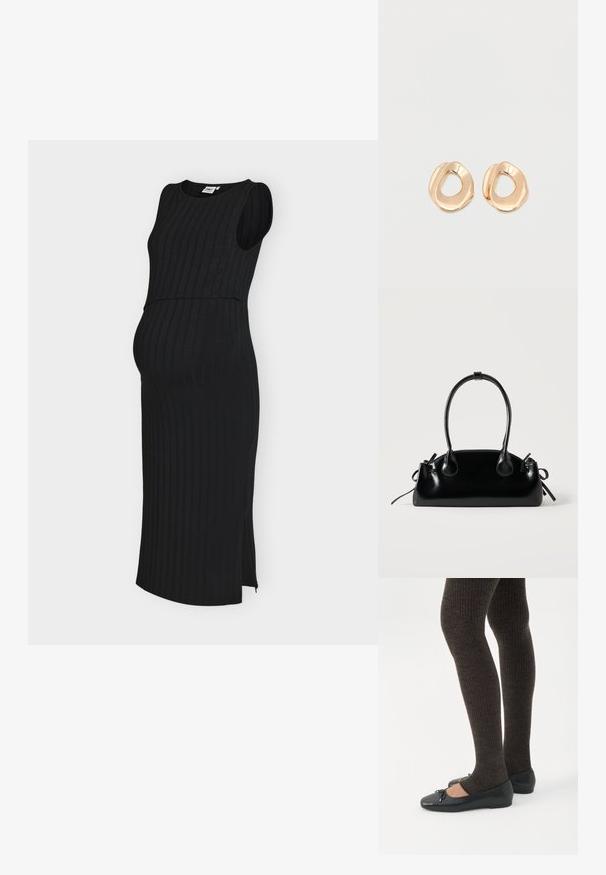 Robe midi noire sans manches en côte avec fente latérale, conçue pour la maternité avec une silhouette ajustée et un col rond.; Jambes portant des leggings côtelés foncés associés à des ballerines noires avec de petits détails en nœud sur fond blanc.; Petit sac à main noir brillant avec deux longues anses et des détails à cordon sur les côtés sur un fond clair uni.; Paired boucles d'oreilles en métal doré poli de forme irrégulière avec un centre ouvert sur un fond blanc uni.