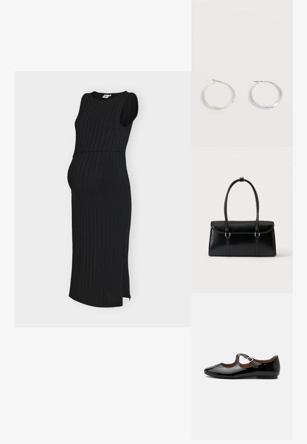 Robe midi noire sans manches en côte avec fente latérale, conçue pour la maternité avec une silhouette ajustée et un col rond.; Chaussure plate Mary Jane en cuir verni noir avec deux découpes et une bride à boucle dorée sur fond blanc.; Sac à main rectangulaire en cuir noir avec fermeture à rabat et deux longues anses sur fond blanc uni.; Boucles d’oreilles créoles en métal argenté avec une surface lisse légèrement incurvée et des fermoirs à clapet sur un fond blanc uni.