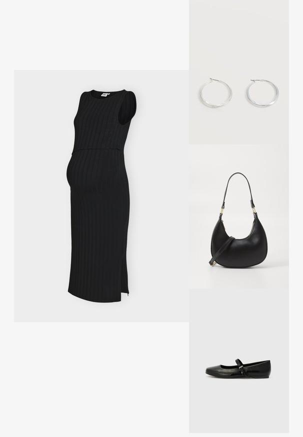 Robe midi noire sans manches en côte avec fente latérale, conçue pour la maternité avec une silhouette ajustée et un col rond.; Ballerines en cuir noir avec un bout arrondi, une semelle plate et une fine sangle ajustable sur le cou-de-pied avec une boucle en métal.; Sac à main en cuir noir avec une forme courbée, doté d'une fermeture à glissière en haut, d'une courte poignée et d'une bandoulière amovible. Accent en métal doré.; Boucles d’oreilles créoles en métal argenté avec une surface lisse légèrement incurvée et des fermoirs à clapet sur un fond blanc uni.