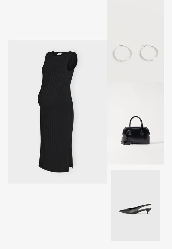 Robe midi noire sans manches en côte avec fente latérale, conçue pour la maternité avec une silhouette ajustée et un col rond.; Chaussure slingback noire à bout pointu en cuir lisse. Présente un talon fin et un détail de boucle sur la sangle réglable.; Osoi BOAT BROT - Sac à main - black; Boucles d’oreilles créoles en métal argenté avec une surface lisse légèrement incurvée et des fermoirs à clapet sur un fond blanc uni.