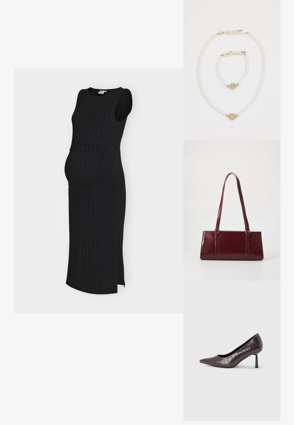 Robe midi noire sans manches en côte avec fente latérale, conçue pour la maternité avec une silhouette ajustée et un col rond.; Escarpins à bout pointu en similicuir marron avec une texture crocodile, dotés d’un talon fin et angulaire ainsi que d’une doublure intérieure lisse.; Sac à main bordeaux en matériau brillant, de forme rectangulaire, avec deux anses et des accents légèrement courbés à l'avant.; Collier en perles et bracelet assorti avec fermoirs en or et petit charm rond en or décoré de petits cristaux sur fond blanc.
