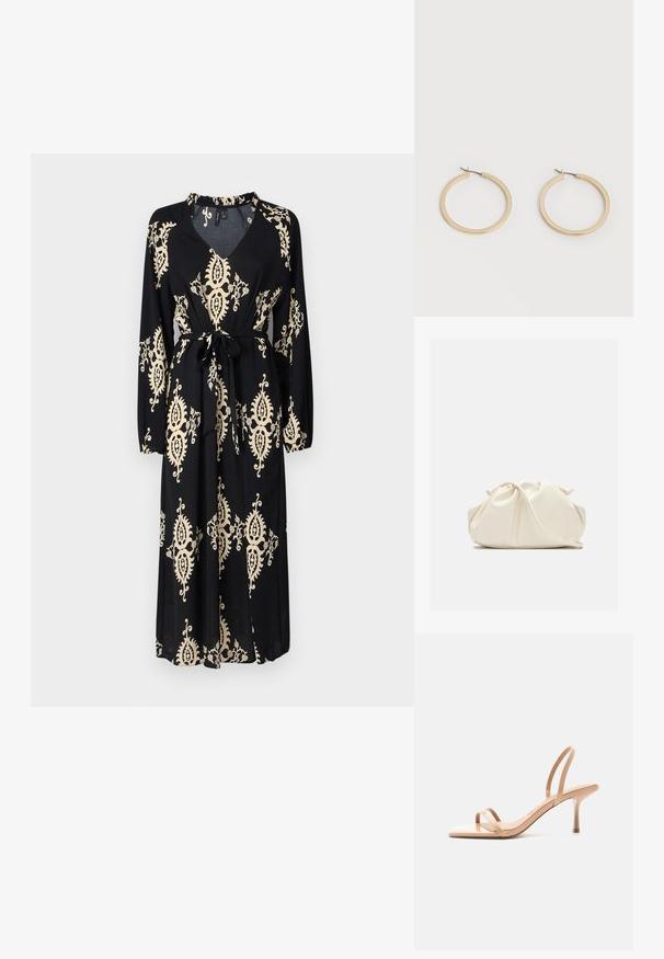 Schwarzes Kleid mit langen Ärmeln, V-Ausschnitt, gerafftem Taillengürtel und goldenen abstrakten Blumenmustern. Weicher Stoff und knöchellanges Design.; Beige hochhackige Sandale mit dünnen Riemen über den Zehen und um die Ferse, mit quadratischer Spitze und schmalem Stilettoabsatz vor weißem Hintergrund.; Weiche, cremefarbene Leder-Clutch mit gerafftem Design und einem dünnen Schulterriemen, der vorne auf einem schlichten Hintergrund liegt.; Paar mittelgroße, glatte Creolen in Goldton mit Scharnier-Verschlüssen auf einem einfarbigen hellen Hintergrund.