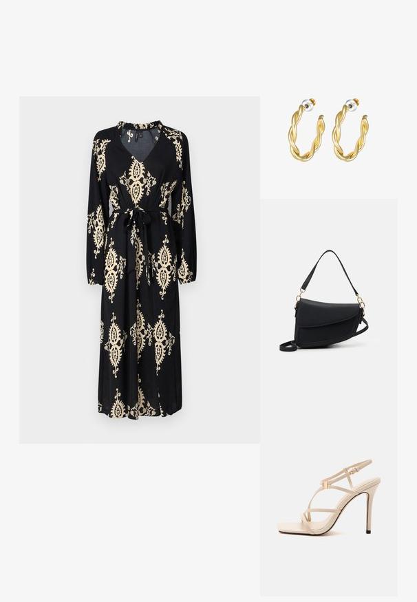 Robe noire à manches longues, décolleté en V, taille cintrée avec lien, et motifs floraux abstraits dorés. Tissu doux et design longueur cheville.; Sandale beige à talon haut avec fines lanières, bout carré, fermeture à boucle et talon stilettos sur fond blanc.; Sac à main en cuir noir avec une finition texturée, doté d'une seule bandoulière et d'accents en métal doré. Le design est élégant et minimaliste.; Paire de boucles d'oreilles créoles torsadées dorées avec fermoirs poussoirs argentés et dorés sur fond blanc.