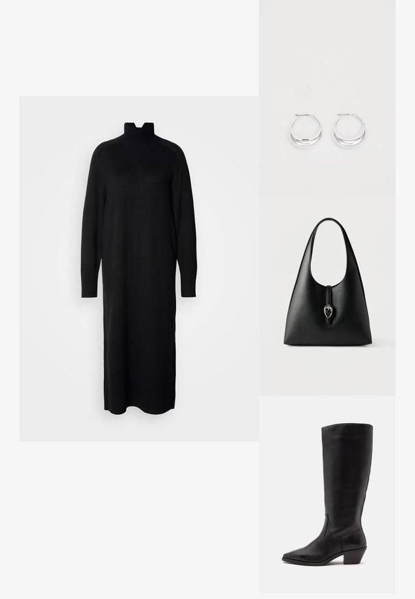 Robe en tricot noir avec un col montant, des manches longues et des poignets côtelés. Présente une silhouette droite et des fentes sur les côtés dans l'ourlet.; Botte en cuir noire mi-mollet avec un bout pointu et un talon bas incliné sur un fond clair uni.; Sac à main en cuir noir avec une anse unique et une fermeture à boucle argentée sur un fond blanc.; Boucles d'oreilles en argent avec une finition polie et un branding DKNY, présentées sur un fond blanc uni.