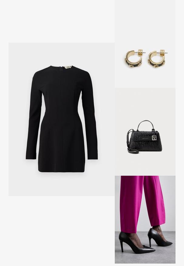 Robe noire à manches longues avec un col montant, silhouette ajustée et fermeture éclair au dos. Fabriquée dans un tissu lisse avec un minimum de détails.; Chaussures à talons hauts noires avec un design à bout pointu et une texture en cuir lisse. Associées à des pantalons ajustés rose vif.; Sac à main noir en matériau texturé, portant un marquage en relief, avec une poignée supérieure et une bandoulière détachable avec des finitions en argent.; Boucles d'oreilles en forme de créoles dorées avec des accents noirs, présentant des détails de quincaillerie décoratifs et une finition polie, maintenues par une fermeture à clou.