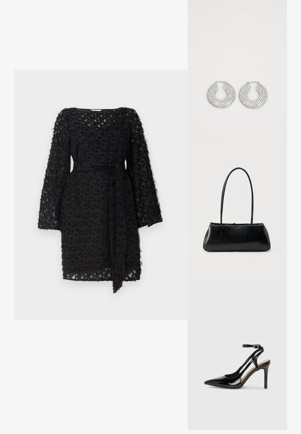Vestido negro de tela texturizada con un patrón floral, mangas largas y un cinturón atado en la cintura.; Zapato de charol negro de tacón alto, tipo slingback, con punta afilada, correa ajustable en el tobillo y lados abiertos. Textura lisa.; Bolso de hombro rectangular negro con correas largas y delgadas y una textura lisa y brillante sobre un fondo liso.; Aros de plata en forma de aro adornados con múltiples embellishments de cristal transparente, con una superficie texturizada y un diseño circular abierto.
