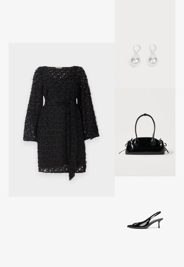 Schwarzes Kleid aus strukturiertem Stoff mit floralem Muster, langen Ärmeln und einem gebundenen Gürtel in der Taille.; Schwarze patentierte Slingback-Absätze mit spitzem Zehenbereich und glänzender Oberfläche. Besitzt einen schlanken Absatz und eine abgerundete Akzentuierung am Schuhoberteil.; Kleine schwarze glänzende Handtasche mit zwei langen Griffen und seitlichen Kordelzug-Details vor einfachem hellem Hintergrund.; Silberne Tropfenohrringe mit glatten, runden, reflektierenden Oberflächen, die an Hakenverschlüssen hängen. Der Hintergrund ist reinweiß.
