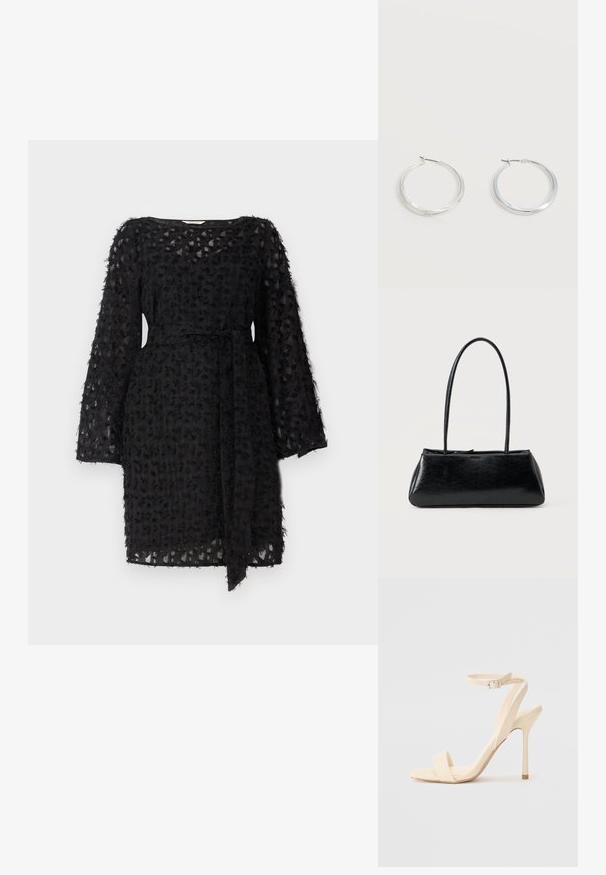 Schwarzes Kleid aus strukturiertem Stoff mit floralem Muster, langen Ärmeln und einem gebundenen Gürtel in der Taille.; Beige High Heel Sandale mit einem schmalen Knöchelriemen und quadratförmiger Zehenpartie. Glattes synthetisches Material, minimalistisches Design und Pfennigabsatz.; Schwarze rechteckige Schultertasche mit langen dünnen Trägern und einer glatten, glänzenden Textur auf einfarbigem Hintergrund.; Silberne Metallcreolen mit glatter, leicht gebogener Oberfläche und Klappverschluss vor schlicht weißem Hintergrund.
