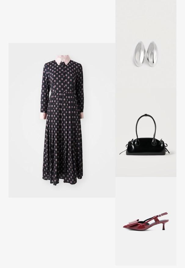 Sort langærmet kjole med en pink krave, der har et blomstermønster. Fremstillet af letvægtsstof med en tætsiddende talje og en udvidet nederdel.; Rød lakeret læderslingback med kitten heel, spids tå og stort bånddetalje på overdelen mod hvid baggrund.; Lille sort blank håndtaske med to lange håndtag og snøre-detaljer i siden på en ensfarvet lys baggrund.; Et par glatte, skinnende sølvfarvede ovalformede genstande placeret side om side på en helt hvid baggrund.