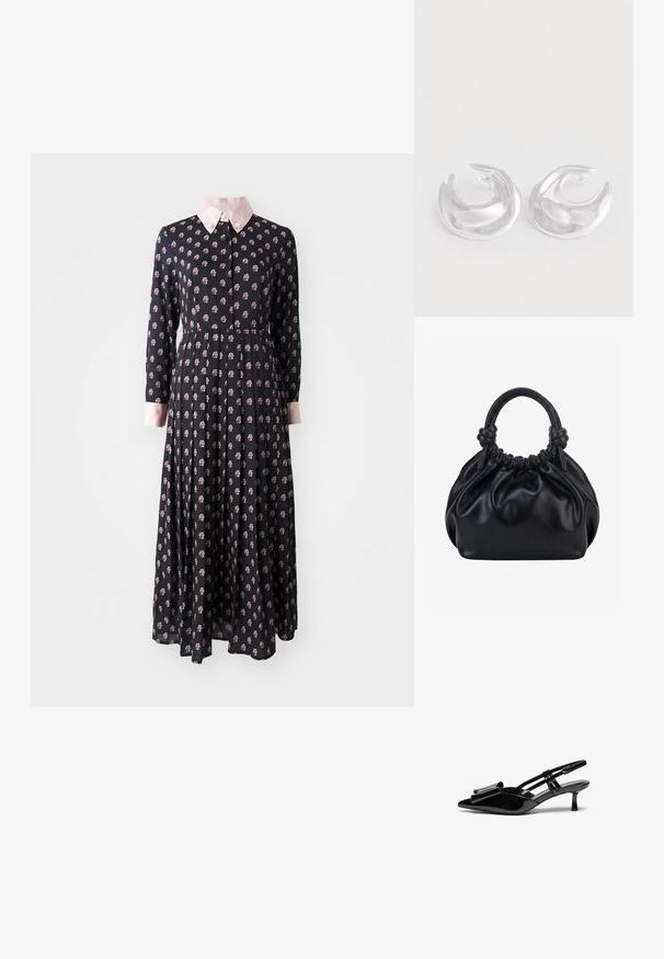 Sort langærmet kjole med en pink krave, der har et blomstermønster. Fremstillet af letvægtsstof med en tætsiddende talje og en udvidet nederdel.; Sorte patenterede læderslingbacks med spids tå, en sløjfedetalje foran og en lille stilettohæle. Remmene har justerbare spænder.; Sort blød læderhåndtaske med samlet top og to tykke håndtag bundet i knuder mod en ensfarvet lys baggrund.; Et par polerede sølv halvmåneformede hoops med en glat, reflekterende overflade på en hvid baggrund.