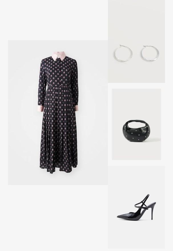 Vestido negro de manga larga con un cuello rosa, que presenta un patrón floral. Fabricado con una tela ligera, con cintura ajustada y falda acampanada.; Zapato de tacón alto de charol negro con punta puntiaguda, con dos finas correas ajustables en el tobillo y tacón de aguja, mostrado de lado.; Bolso de mano de cuero negro con forma redondeada, decorado con detalles de tachuelas plateadas y un asa corta. Textura lisa y cierre con cremallera.; Pendientes de aro de metal plateado con superficie lisa y ligeramente curvada y cierre de tipo mosquetón sobre un fondo blanco liso.