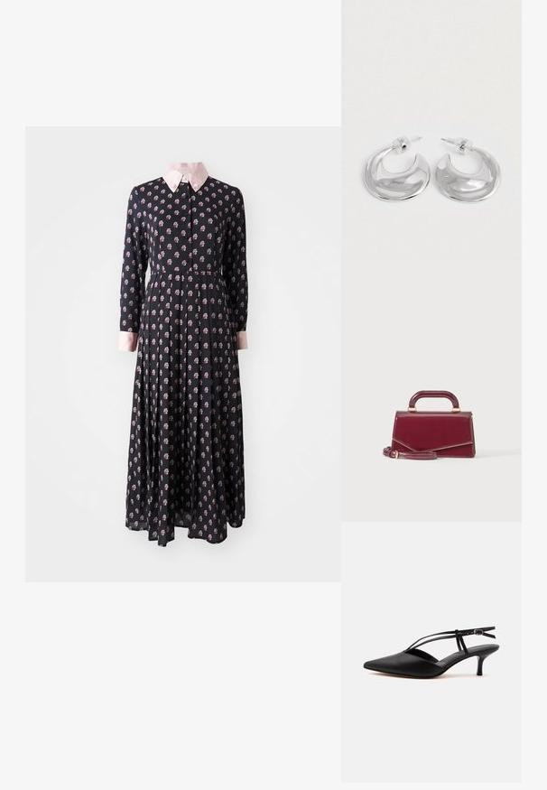 Schwarzes langärmliges Kleid mit pinkem Kragen, das ein Blumenmuster aufweist. Hergestellt aus leichtem Stoff mit tailliertem Schnitt und ausgestellt Rock.; Schwarzer Leder-Kitten-Heel mit spitzer Schuhspitze, dünnem Knöchelriemen und Schnalle, Slingback-Design, auf hellem einfarbigem Hintergrund.; Kleine glänzende burgunderrote Handtasche mit oberem Griff und abnehmbarem Schulterriemen, vor einem schlichten hellen Hintergrund präsentiert.; Ein Paar polierte silberne, halbmondförmige Creolen mit klaren Kunststoffrückseiten auf einer weißen Oberfläche.