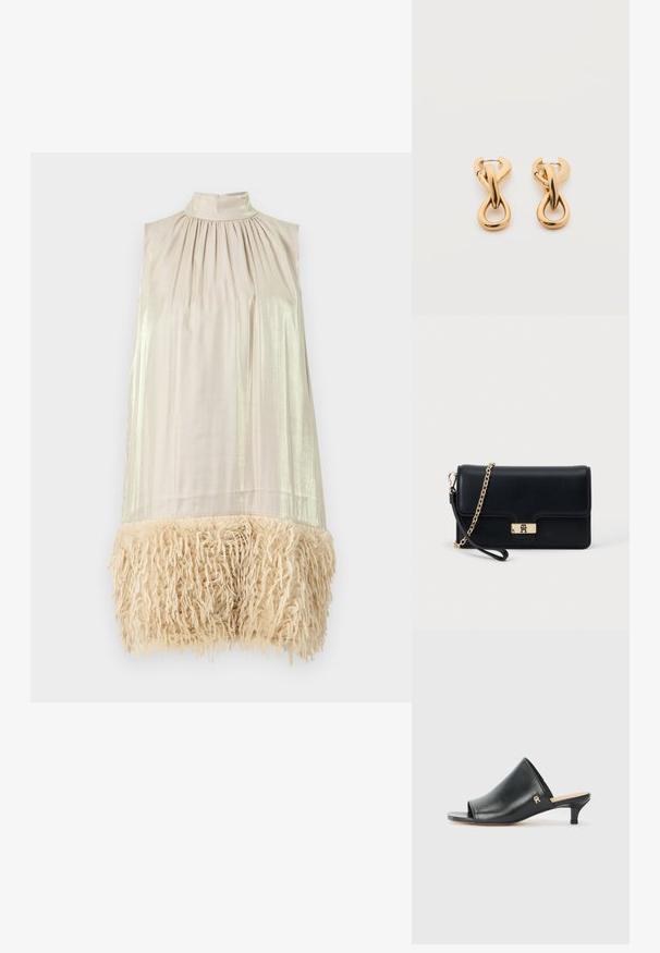 Vestido sin mangas con un cuello alto. Tela beige clara en la parte superior, con textura brillante. El dobladillo inferior tiene un fleco esponjoso de color crema.; Mules de cuero negro de punta abierta con un tacón bajo. Presentan una superficie lisa y un acento del logo dorado en el costado.; Bolso de mano de cuero negro con un cierre y cadena en tono dorado. Diseño compacto con una textura suave y un detalle mínimo.; Par de pendientes de aro con acabado dorado brillante sobre fondo blanco liso, con diseño entrelazado y torsionado.