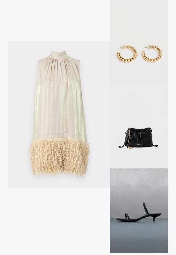 Vestido sin mangas con un cuello alto. Tela beige clara en la parte superior, con textura brillante. El dobladillo inferior tiene un fleco esponjoso de color crema.; Sandalia de tacón negra Calvin Klein con tiras finas, equilibrada sobre baldosas de madera al aire libre cerca de una pared y vegetación.; Bolso de mano negro de cuero plisado con cordón ajustable, cadena dorada como asa y un pequeño detalle horizontal dorado en la parte frontal.; Par de pendientes de aro en tono dorado con detalles de cuentas redondeadas a lo largo del borde exterior sobre un fondo claro.