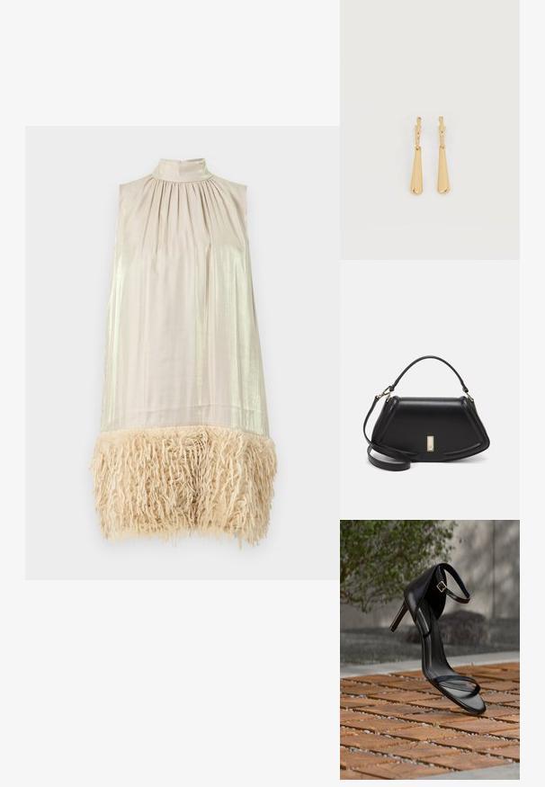 Vestido sin mangas con un cuello alto. Tela beige clara en la parte superior, con textura brillante. El dobladillo inferior tiene un fleco esponjoso de color crema.; Sandalia negra de tacón alto con correa en el tobillo, parece suspendida sobre un suelo de baldosas de madera al aire libre, con un fondo difuminado de vegetación y piedra.; Bolso de mano de cuero negro con un diseño estructurado, que presenta una forma recortada, asa superior y acentos en dorado. Correa de hombro ajustable incluida.; Pendientes colgantes en tono dorado con colgantes alargados y suaves en forma de lágrima, colgando de cierres de aros pequeños sobre un fondo blanco.