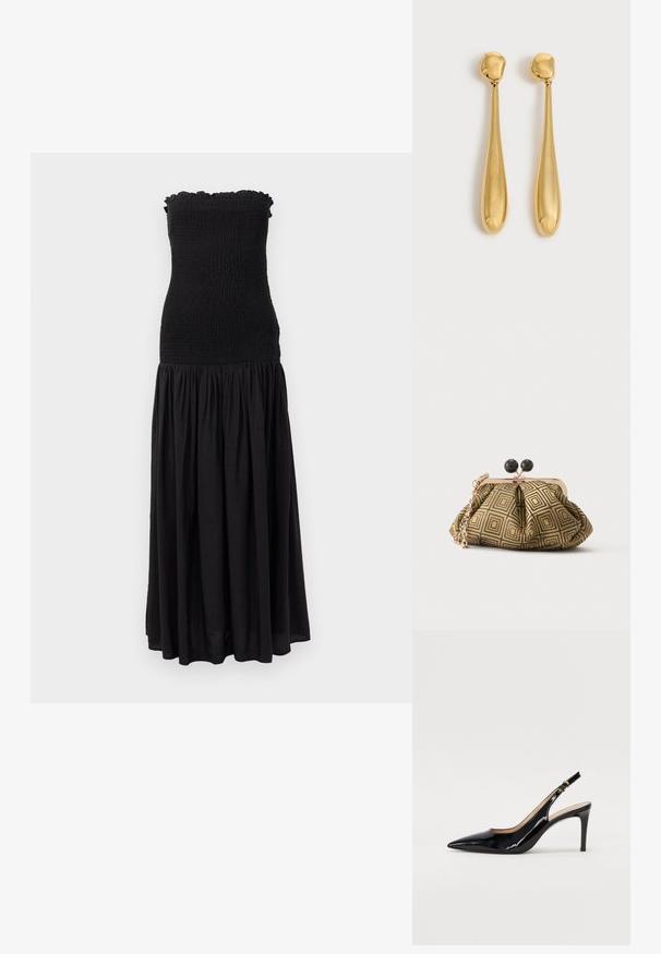 Robe maxi noire avec un corsage smocké, un bord supérieur volanté et une jupe fluide. Le tissu semble léger avec une texture subtile.; Pompe slingback en cuir verni noir avec un bout pointu, un talon fin et un design de découpes subtil. Elle dispose d'une boucle dorée sur la sangle.; Petite pochette avec motif géométrique doré et noir, cadre en métal doré, fermeture à boule noire et une courte chaîne dorée.; Paire de longues boucles d'oreilles dorées, lisses et brillantes, en forme de goutte avec des sommets arrondis et des formes de goutte effilées sur un fond clair.