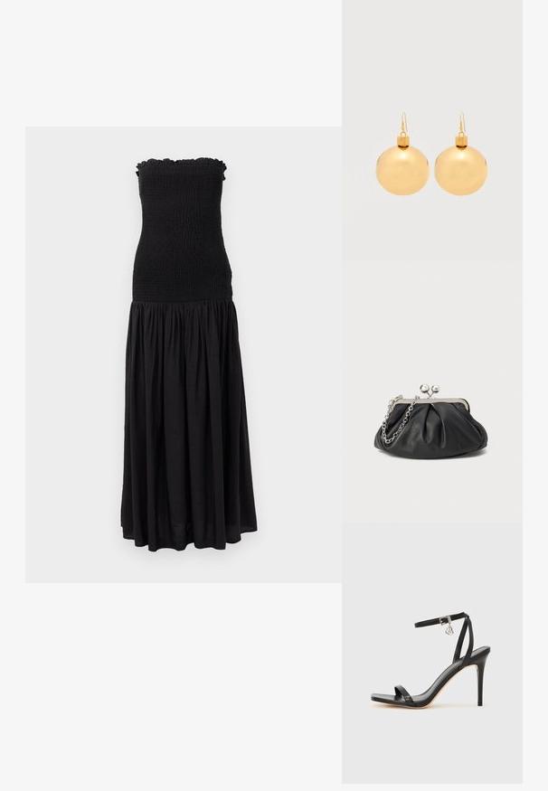 Robe maxi noire avec un corsage smocké, un bord supérieur volanté et une jupe fluide. Le tissu semble léger avec une texture subtile.; Sandale à talon haut noire avec une bride étroite à la cheville, bout carré, cuir lisse et accent de boucle métallique.; Porte-monnaie en cuir noir avec texture froncée, cadre en métal argenté, fermeture à verrouillage kiss-lock et bandoulière en chaîne. Surface lisse et douce.; Paire de boucles d'oreilles boule de Noël dorées brillantes avec fermoirs à crochet sur fond blanc uni.