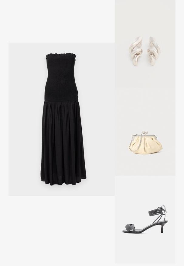 Robe maxi noire avec un corsage smocké, un bord supérieur volanté et une jupe fluide. Le tissu semble léger avec une texture subtile.; Sandale à talon en cuir gris avec une bride nouée sur les orteils et des lacets enroulants autour de la cheville, sur un talon moyen et fin, sur fond blanc.; Pochette en cuir beige plissé avec un cadre en métal argenté, dotée de deux fermoirs ronds décoratifs et d'une chaîne en argent.; Boucles d'oreilles clips en métal argenté torsadé avec une finition lisse et brillante, présentant un design moderne et abstrait en spirale.