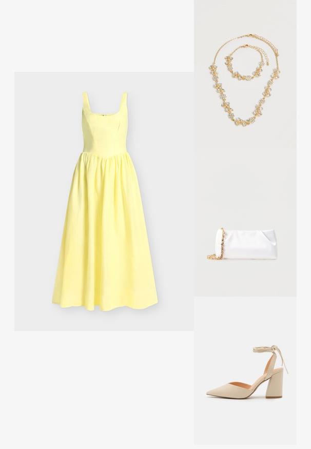 Robe maxi jaune sans manches avec un corsage ajusté, un décolleté carré et une jupe ample plissée sur un fond clair.; Chaussure à talons aiguilles beige avec un bout pointu, une bride de cheville et un large talon bloc. Matériau synthétique lisse avec une finition mate.; Pochette souple blanche avec bandoulière chaîne dorée ornée de pierres précieuses transparentes, sur fond gris clair uni.; Ensemble collier et bracelet ton or avec motifs floraux et feuilles en cristal clair, tous deux avec fermoirs chaîne réglables sur fond blanc.