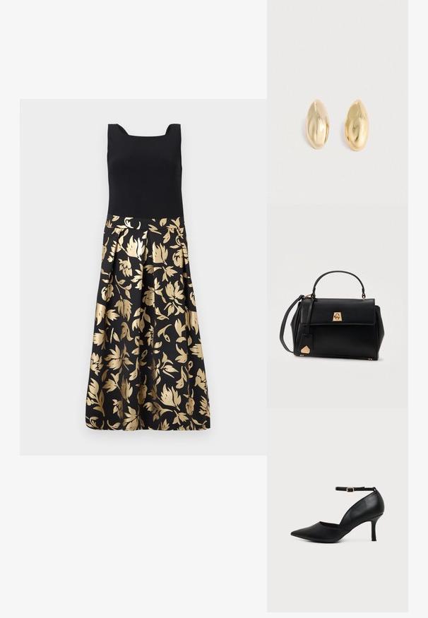 Robe sans manches avec un corsage noir ajusté et une jupe plissée ornée de motifs floraux dorés sur un fond noir.; Chaussure en cuir noir à bout pointu avec talon kitten, bride à la cheville et boucle dorée sur fond neutre.; Sac à main en cuir noir avec une poignée supérieure, fermeture à rabat avec fermoir doré, et bandoulière amovible sur fond blanc.; Une paire de boucles d'oreilles en or, brillantes, lisses, en forme d'ovales irréguliers, posées sur une surface claire.