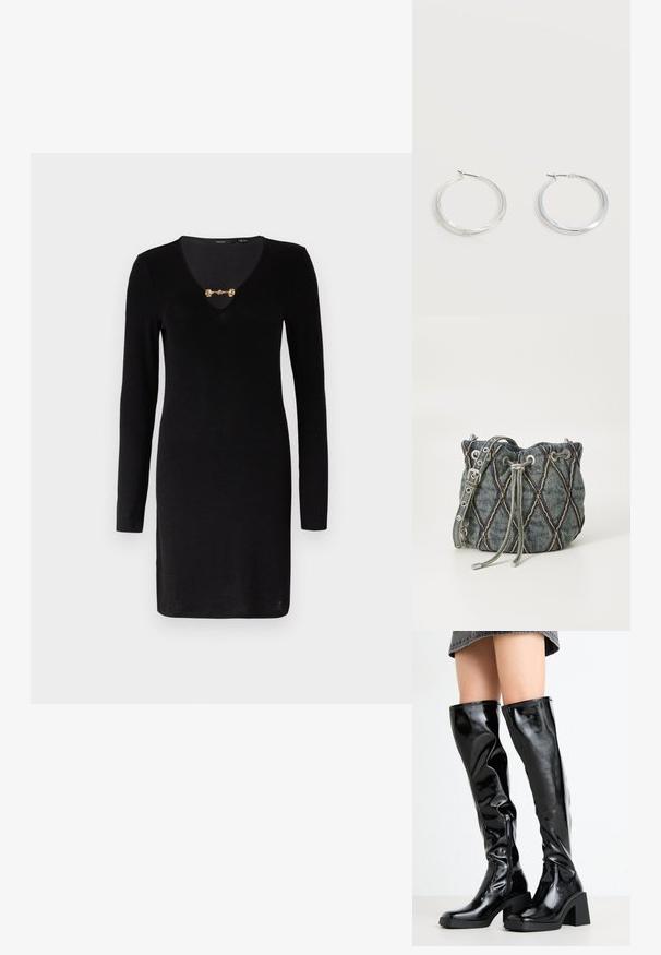 Vestido negro de manga larga con un escote en V profundo, que presenta un broche decorativo dorado en el cuello. Textura suave, diseño ajustado.; Botas negras, brillantes, hasta la rodilla, con punta cuadrada y tacón grueso. Cuentan con un cierre lateral y un diseño ajustado y texturizado.; Bolso tipo cubo de denim con patrón de rombos acolchado, cierre de cordón gris, acentos metálicos plateados y textura suave, que cuenta con una correa removible.; Pendientes de aro de metal plateado con superficie lisa y ligeramente curvada y cierre de tipo mosquetón sobre un fondo blanco liso.