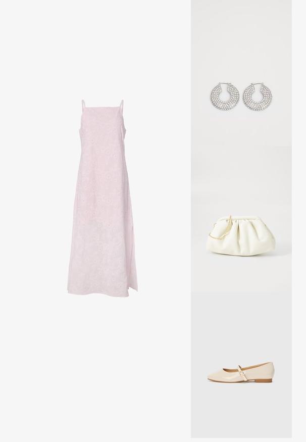 Robe longue rose clair sans manches avec fines bretelles et broderie florale discrète, fente latérale près de l’ourlet, présentée sur fond blanc.; Ballerines en cuir verni beige avec un embout carré, un petit talon et une bride ajustable à la cheville avec une boucle dorée.; Sac à main en cuir blanc avec un design plissé, doté d'une bandoulière en chaîne dorée et d'une forme arrondie. Texture lisse avec des plis doux et sans motifs.; Boucles d'oreilles en argent en forme de créoles ornées de multiples embellissements en cristal transparent, présentant une surface texturée et un design circulaire ouvert.