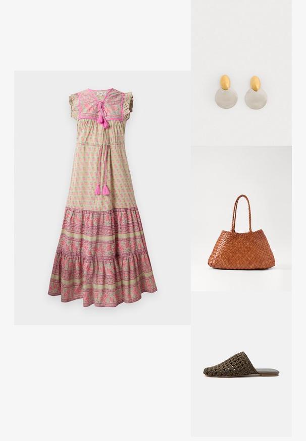 Vestido maxi de tela verde claro con estampado floral rosa, dobladillo con patrón contrastante, mangas con volantes y acentos de borlas rosas.; Mule marrón tejido tipo slip-on con suela plana y puntera cerrada y redondeada sobre fondo blanco.; DRAGON DIFFUSION SANTA CROCE BIG - Bolso de mano - tan; Pendientes de metal dorado y plateado con base de disco redondo y pieza superior ovalada, textura suave y acabado pulido.