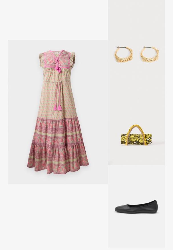 Maxi-jurk van lichtgroene stof met roze bloemenprint, contrasterende geprinte zoom, gerimpelde mouwen en roze franjes.; Zwarte leren ballerina met een ronde neus, gladde textuur, minimale stikdetails en een flexibele zoolontwerp.; Rechthoekige tas met geel-zwart bloemenpatroon en gevlochten geel-roze handvat op witte achtergrond.; Set gouden creolen met sierlijke bloem- en bladreliëf op een neutrale achtergrond.
