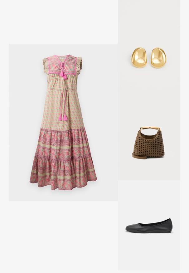 Vestido maxi de tela verde claro con estampado floral rosa, dobladillo con patrón contrastante, mangas con volantes y acentos de borlas rosas.; Bailarina de piel negra con punta redondeada, textura suave, detalle de costura minimalista y diseño de suela flexible.; Bolso de mano de cuero marrón tejido con asa superior curva dorada y correa de hombro desmontable sobre fondo liso.; Pendientes de studs en color dorado con una forma suave y redondeada y una superficie reflectante, que exhiben un diseño minimalista y sin patrones visibles.