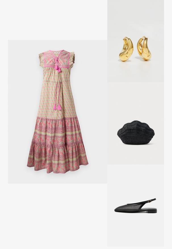 Maxi-Kleid aus hellgrünem Stoff mit pinkem Blumenmuster, kontrastierendem gemusterten Saum, Rüschensäumen und pinken Quastenakzenten.; Schwarzer Slingback-Flachschuh mit spitzer Kappe, Mesh-Obermaterial, verstellbarem Schnallenriemen und niedrigem Blockabsatz auf weißem Hintergrund.; Schwarze Korbtasche in Muschelform mit gebogenem Oberteil und gewebter Textur auf einfarbigem Hintergrund.; Goldene Creolen mit einer glatten, geschwungenen Form und polierter Oberfläche. Mit einem Verschlussmechanismus und leichten Einkerbungen für Details.