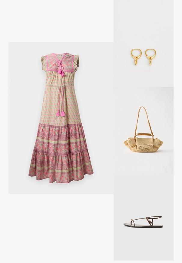 Vestido maxi de tela verde claro con estampado floral rosa, dobladillo con patrón contrastante, mangas con volantes y acentos de borlas rosas.; Sandalia de cuero marrón con tiras finas, un acento circular dorado y suela plana. Diseño minimalista con un detalle de hebilla ajustable.; Bolso tejido beige con una correa larga y delgada y lados fruncidos, con un asa corta envuelta en cuero para opciones de transporte.; Pendientes de aro de oro con un acabado metálico suave, que cuentan con un charm en forma de lágrima suspendido de cada aro. Diseño simple con una textura brillante.
