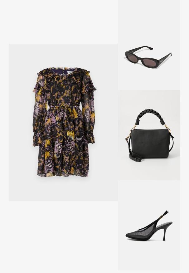 Kawaii lillekiri, pikkade varrukatega kleit mustas, lillades ja kollastes läbipaistvates kangastes. Omab volangiga kaelust, elastseid mansette ja paelu.; Must kängormiga kõrge kontsaga slingback-king, millel on võrkdetailid ja kuldne pandlaga pahkluurihm, valgel taustal.; Mustad prillid ovaalsete raamidega, tumedad objektiivid ning valgete tähtede "vogue" trükk väliskülgedel. Siledast plastikust materjal.; Must have musternahk, millel on tekstuur, punutud ülemine käepide ja kullavärvi aksendid. Kaasas reguleeritav õlavarre rihm.