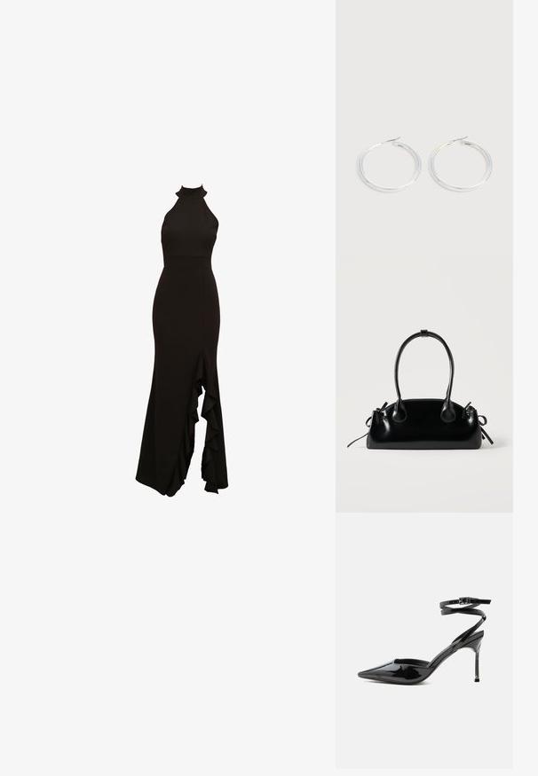 Robe noire à col halter avec un corsage ajusté et une jupe évasée dotée d'un détail à fente froncée sur le devant. Fabriquée en tissu lisse.; Escarpin à talon aiguille en cuir verni noir, bout pointu, fines lanières à la cheville et petite boucle.; Petit sac à main noir brillant avec deux longues anses et des détails à cordon sur les côtés sur un fond clair uni.; Paire de boucles d'oreilles créoles argentées brillantes avec fermoirs en fil fin, présentée sur un fond gris clair.