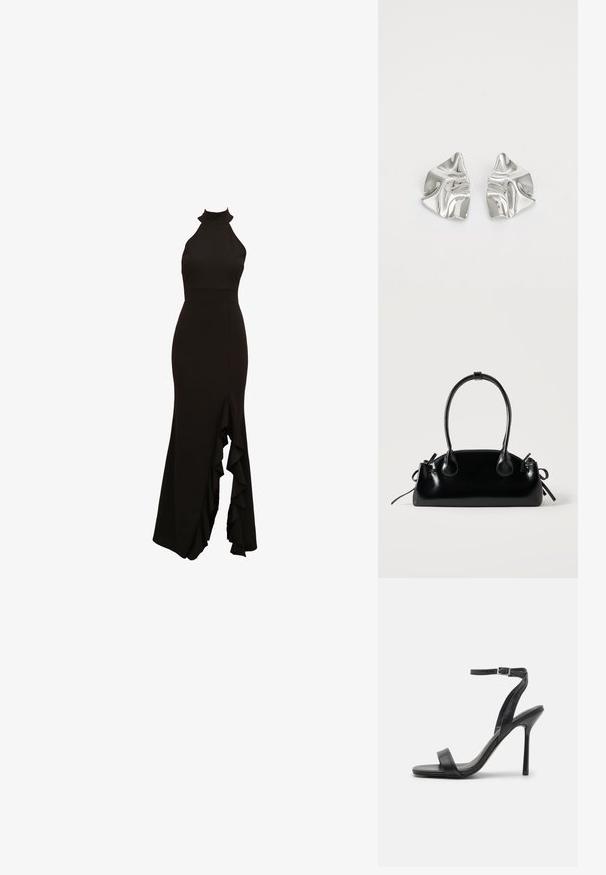 Robe noire à col halter avec un corsage ajusté et une jupe évasée dotée d'un détail à fente froncée sur le devant. Fabriquée en tissu lisse.; Sandale à talons hauts noire avec une fine sangle au niveau de la cheville et deux bandes à l'avant. Fabriquée en cuir lisse avec un bout pointu élégant et un talon aiguille.; Petit sac à main noir brillant avec deux longues anses et des détails à cordon sur les côtés sur un fond clair uni.; Boucles d'oreilles en métal argenté avec un design ondulé et sculptural, présentant une finition polie et des formes irrégulières, mettant en valeur une esthétique contemporaine.