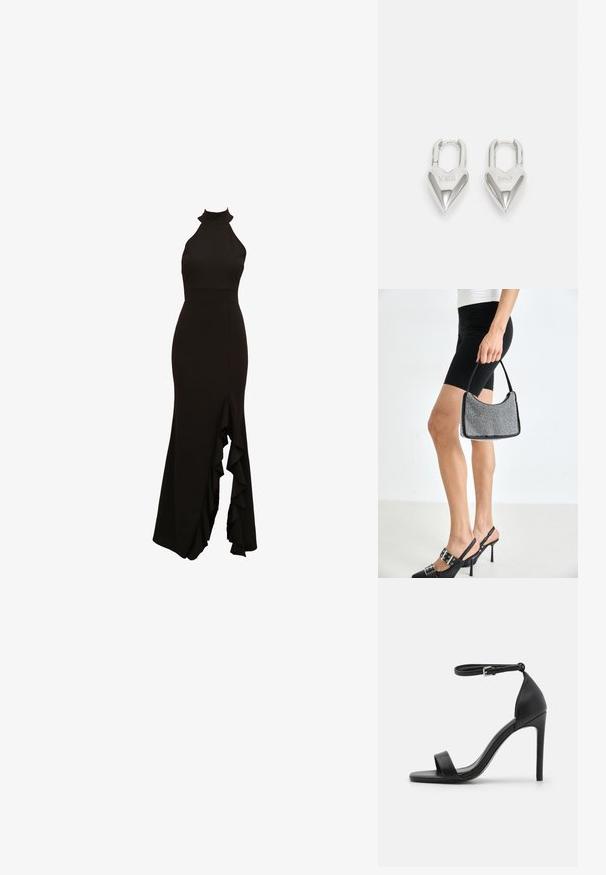 Robe noire à col halter avec un corsage ajusté et une jupe évasée dotée d'un détail à fente froncée sur le devant. Fabriquée en tissu lisse.; Sandale noire à talons hauts au design épuré, avec une bride au niveau de la cheville, un bout ouvert et une texture en cuir lisse.; Sac à main à perles noires avec une silhouette courbée, une poignée de transport et une texture brillante. Porté avec des chaussures à talons hauts noires et un short noir ajusté.; Cadenas en forme de cœur en argent avec les inscriptions gravées "OUI" et "NON", finition polie, design symétrique et un robuste fermoir en métal.