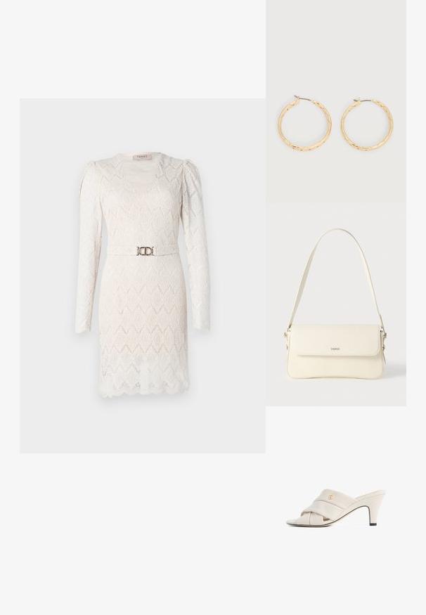 Spidsblondekjole i off-white med lange ærmer, V-udskæring og et mønster. Har et sølvfarvet bælte i taljen som accent.; Beige højhælede mules med et snoet læderstropdesign, åben tå og præget logoaccent. Hælen har en sort spidsdetalje.; Cremefarvet læder skuldertaske med flaplukning, sølvfarvet beslag, en enkelt justerbar rem og diskrete logodetaljer.; Par af guldfarvede teksturerede hoop-øreringe med tynde stifter på en hvid baggrund.