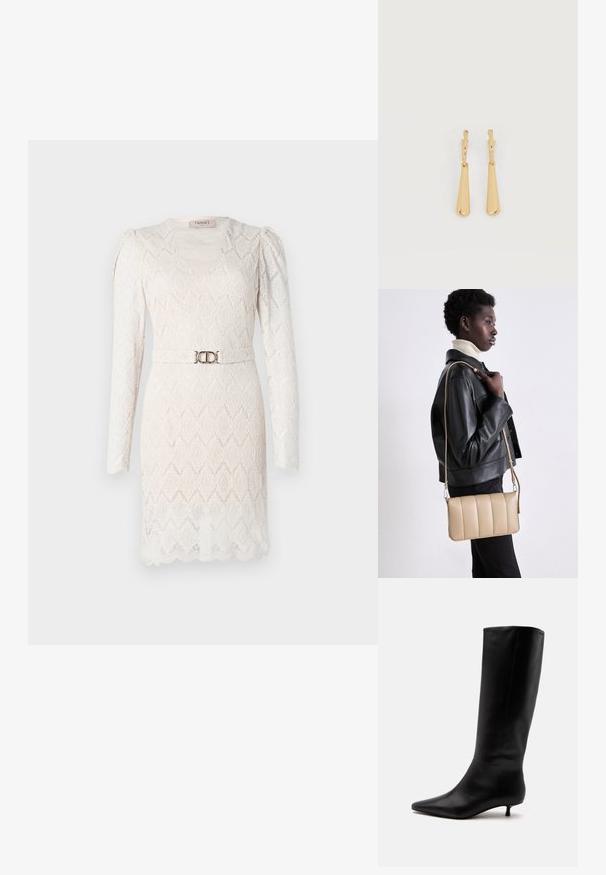 Spitzenkleid in Off-White mit langen Ärmeln, V-Ausschnitt und strukturiertem Muster. Verfügt über einen silberfarbenen Gürtel in der Taille zur Akzentuierung.; Schwarzer kniehoher Lederstiefel mit spitz zulaufender Schuhspitze und niedrigem Kittenabsatz vor einem schlichten hellen Hintergrund.; Beige Leder-Crossbody-Tasche mit gestepptem Muster, rechteckiger Form, dünnem Trageriemen und silberner Hardware, getragen von einer Person in einer schwarzen Jacke.; Ohrhänger in Gold-Ton mit glatten, länglichen Tropfenanhängern, die an kleinen Creolenverschlüssen hängen, auf weißem Hintergrund.