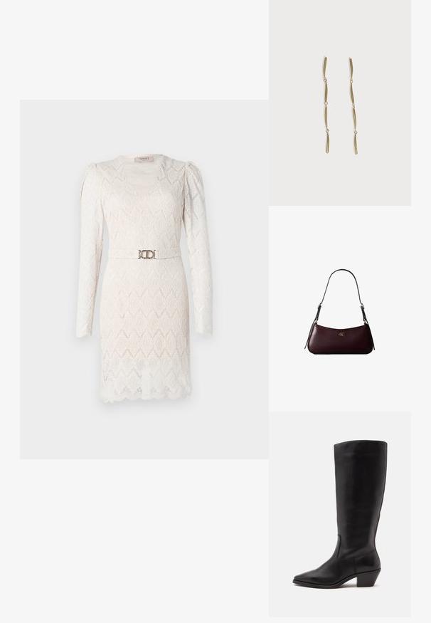 Vestido de encaje en blanco roto con mangas largas, escote en V y una textura estampada. Presenta un cinturón en tono plateado en la cintura para acentuar.; Bota de cuero negra hasta la mitad de la pantorrilla con puntera puntiaguda y tacón bajo inclinado sobre un fondo claro y liso.; Bolso de mano de cuero burdeos oscuro con una delgada correa negra para el hombro y pequeño logo dorado "cK" en el centro delantero.; Pendientes largos de oro compuestos por cuatro barras curvadas enlazadas y alargadas sobre un fondo blanco.