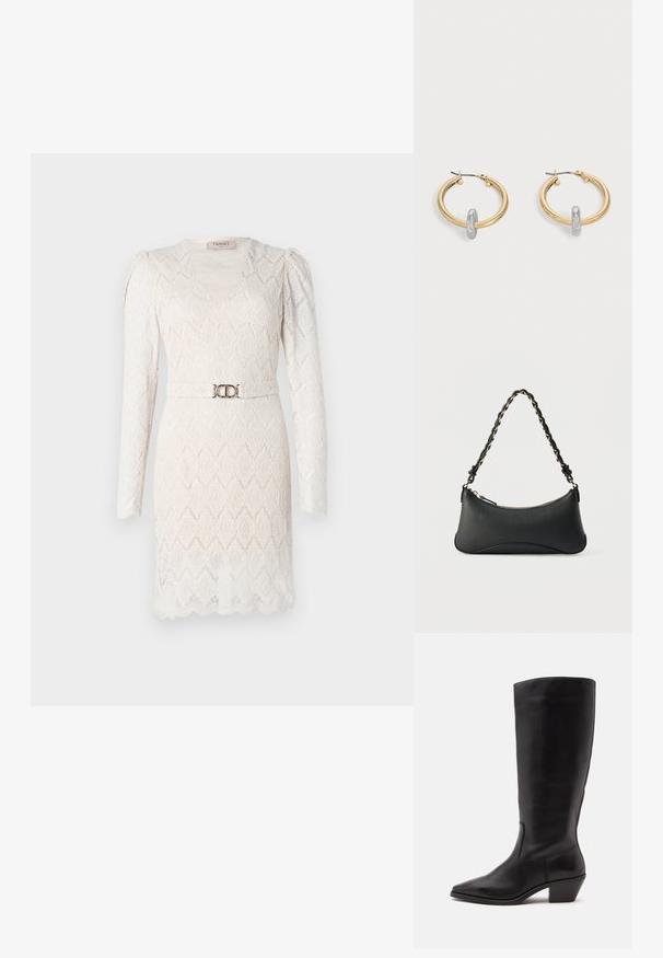 Vestido de encaje en blanco roto con mangas largas, escote en V y una textura estampada. Presenta un cinturón en tono plateado en la cintura para acentuar.; Bota de cuero negra hasta la mitad de la pantorrilla con puntera puntiaguda y tacón bajo inclinado sobre un fondo claro y liso.; Bolso de hombro de cuero negro con forma rectangular curvada, cadena dorada entrelazada en una correa negra trenzada y cierre superior con cremallera.; Par de pendientes de aro en tono dorado con pequeño detalle de aro en tono plateado en cada uno, expuestos sobre un fondo gris claro.