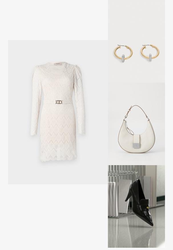 Vestido de encaje en blanco roto con mangas largas, escote en V y una textura estampada. Presenta un cinturón en tono plateado en la cintura para acentuar.; Zapato de tacón alto de cuero negro con punta afilada y flecos decorativos flotando sobre un suelo brillante cerca de una estantería metálica con documentos.; Bolso de mano de cuero blanco con forma curvada, acentos marrones contrastantes, un cierre plateado y un acabado texturizado. Cuenta con una sola correa de hombro.; Par de pendientes de aro en tono dorado con pequeño detalle de aro en tono plateado en cada uno, expuestos sobre un fondo gris claro.