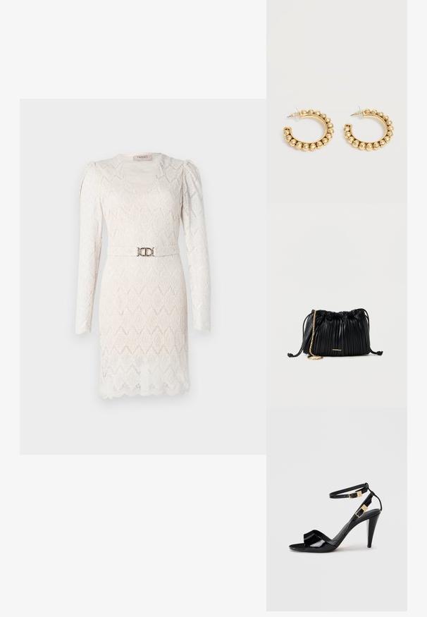 Vestido de encaje en blanco roto con mangas largas, escote en V y una textura estampada. Presenta un cinturón en tono plateado en la cintura para acentuar.; Sандalia de tacón alto de charol negro con dobles correas en el tobillo y hebillas doradas, punta abierta y tacón delgado y afilado sobre un fondo neutro.; Bolso de mano negro de cuero plisado con cordón ajustable, cadena dorada como asa y un pequeño detalle horizontal dorado en la parte frontal.; Par de pendientes de aro en tono dorado con detalles de cuentas redondeadas a lo largo del borde exterior sobre un fondo claro.