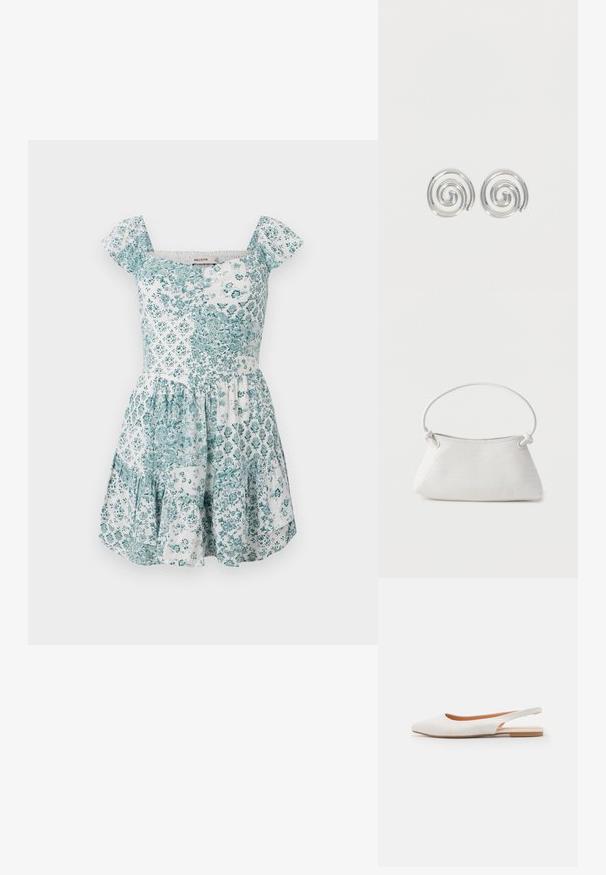 Valkoinen lyhyt kesämekko, jossa on teal-värisiä kukka- ja geometrisia palapelikuvioita, hihattomat hihat, neliömäinen kaula-aukko ja levenevä hame.; Valkoiset nahka slingback-baletit, joissa on terävä kärki, minimalistinen muotoilu, tasapohja ja leikattu yksityiskohta kantapäällä. Tasainen pinta.; Valkoinen kudottu nahkalaukku pyöreällä kahvalla ja solmukoristeisilla hihnoilla, esillä yksinkertaista taustaa vasten.; Pari hopeisia spiraalihalkaisijakorvakoruja, joissa sileä, pyöristetty muotoilu yksinkertaisella valkoisella taustalla.