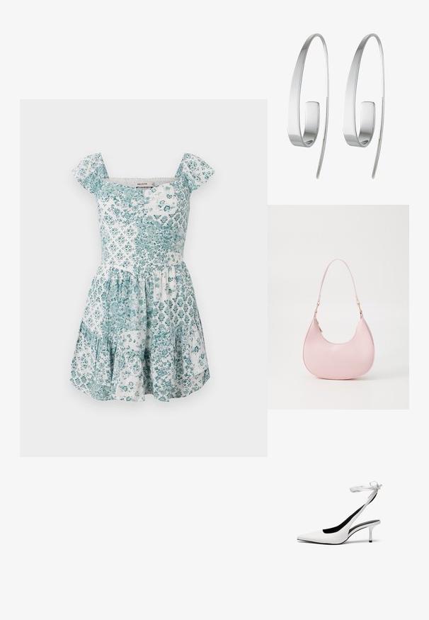 Hvid kort sommerkjole med teal blomster- og geometriske patchworkmønstre, korte ærmer, firkantet udskæring og udvidet nederdel.; Hvide spidse slingback hæle med en tynd ankelrem. Glat lædermateriale, tynd stilethæl og en sort inderside.; Call it Spring CELESTY - Håndtasker - other pink; Sølv hoops øreringe med et slankt, forlænget design. Lavet af poleret metal med en glat overflade og minimalistisk stil.