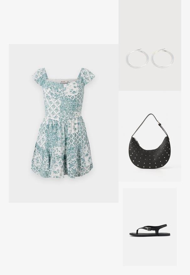 Vestido corto blanco de verano con patrones de flores en teal y parches geométricos, mangas cortas, escote cuadrado y falda acampanada.; Sandalia plana negra con correa al tobillo, separador de dedo y hebilla plateada sobre suela lisa, vista lateral sobre fondo blanco.; Bolso de mano de cuero negro con forma curva, adornado con tachuelas plateadas, cuenta con cierre de cremallera y una sola correa ajustable.; Pareja de pendientes de aro plateados brillantes con cierres de alambre delgado, mostrados sobre un fondo gris claro.