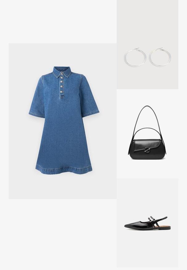 Denim kleit pehme kraega, lühikeste varrukatega ja viie metallist nupuga ees. Sinine kangas, millel on sile tekstuur ja kerge kulumine.; Mustad lakknahast slingback kingad on terava ninaga, kahe rihmaga, millel on klambriga aktsendid, ning lame tald.; Must nahast õlakott kõverda kaanega, mida hoiab kinni ümmargune metallist klamber ja millel on õhuke, reguleeritav rihm.; Paari läikiva hõbedase rõngaskujulise kõrvarõngastega, millel on õhukesed traatlukkud, kuvatud heleda halli taustal.