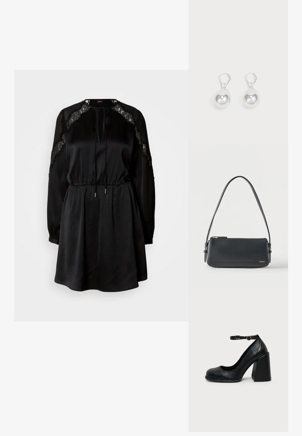 Robe noire en tissu satin avec des détails en dentelle sur les manches. Elle présente un col rond, une taille à cordon et des manches longues et effilées.; Chaussure à talon haut en cuir noir avec bout arrondi et bride de cheville réglable avec boucle dorée sur fond uni clair.; Sac à bandoulière rectangulaire en cuir noir avec fermeture éclair dorée et petit logo "HUGO" doré sur le devant, doté d'une sangle réglable avec boucle.; Boucles d'oreilles en argent en forme de goutte avec des surfaces lisses, rondes et réfléchissantes, suspendues à des fermoirs à ressort. L'arrière-plan est blanc uni.